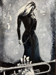 PEARL'S A SINGER,A MONOCHROME PALETTE KNIFE PAINTING OF COOL JAZZ  IN OIL PAINT.